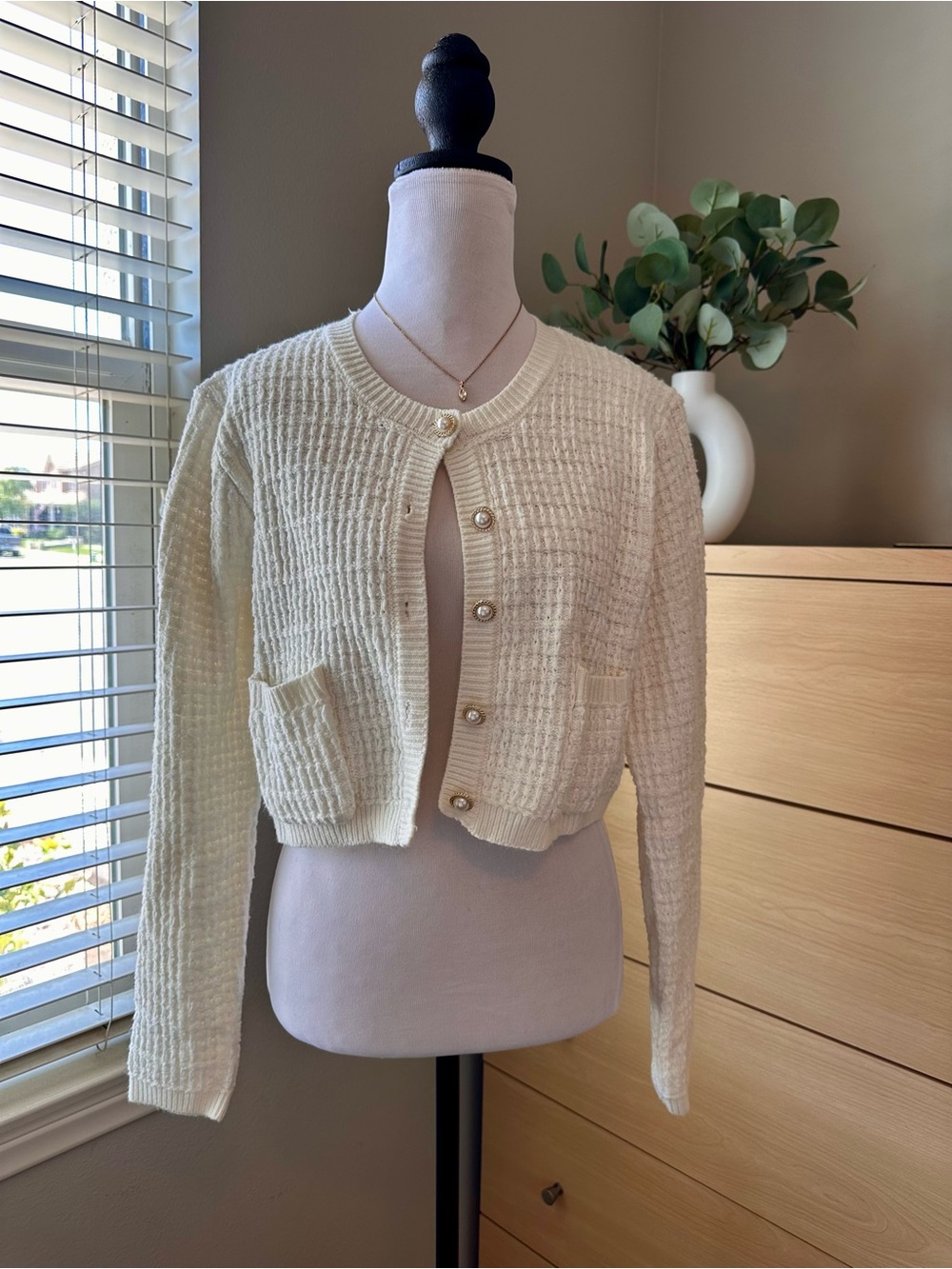 Jessica Simpson Cream Cropped Knit Cardigan with Pearl Buttons